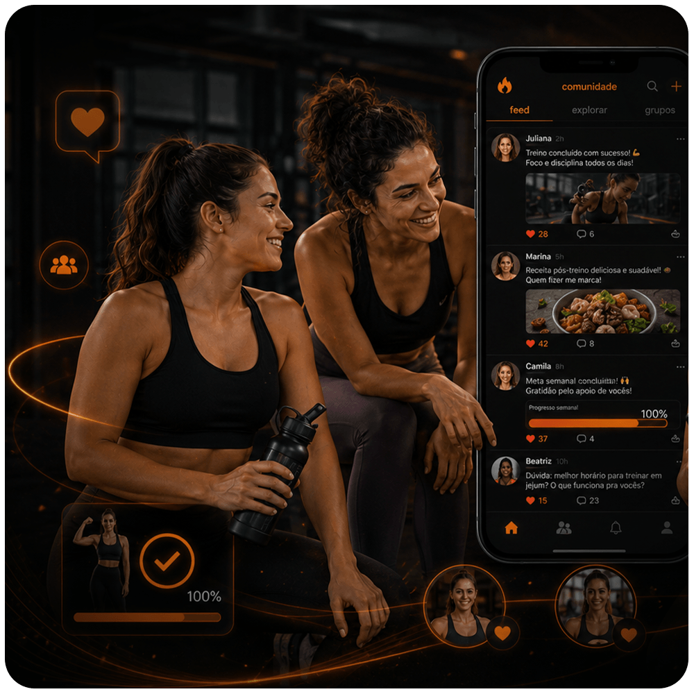 Interface do aplicativo TubisFIT exibindo a comunidade de alunas com feed de postagens e compartilhamento de rotinas